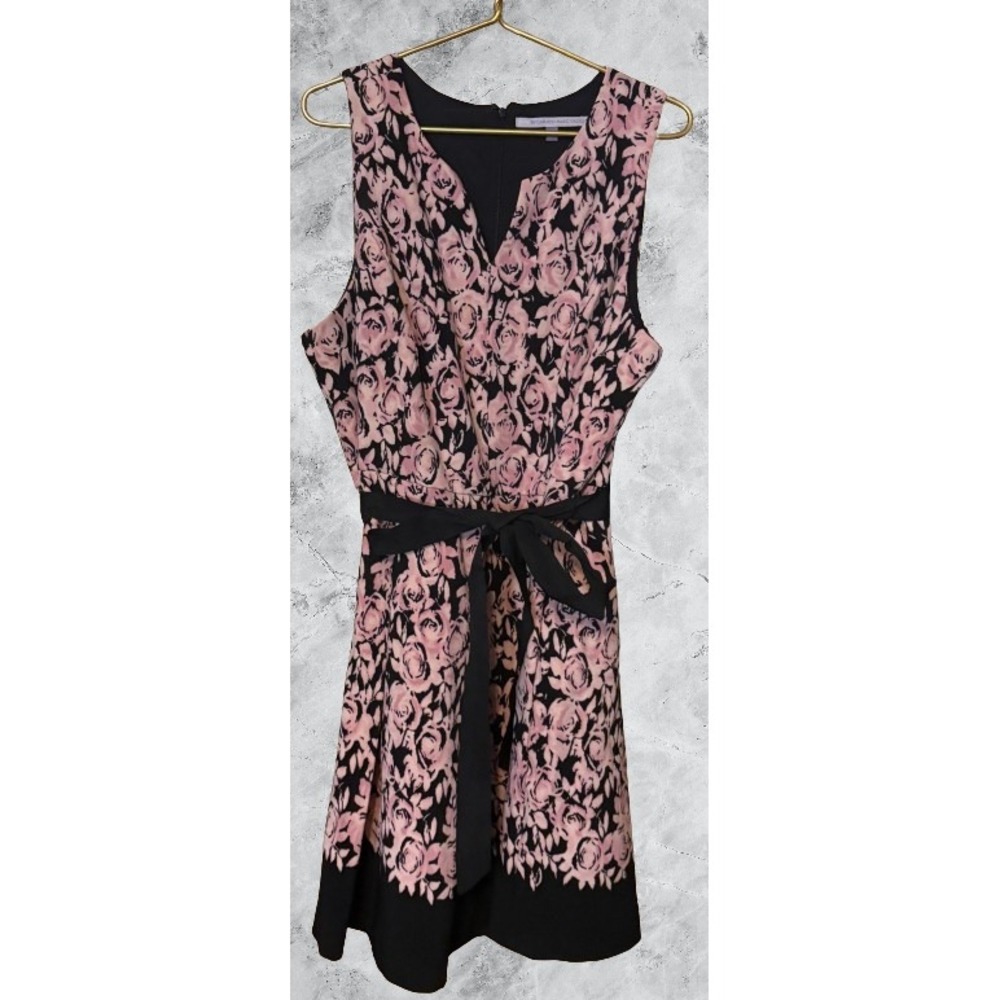Luxe by Carmen Marc Valvo Pink Black Floral Rose Dress V-Neck Sash 18W Plus Size